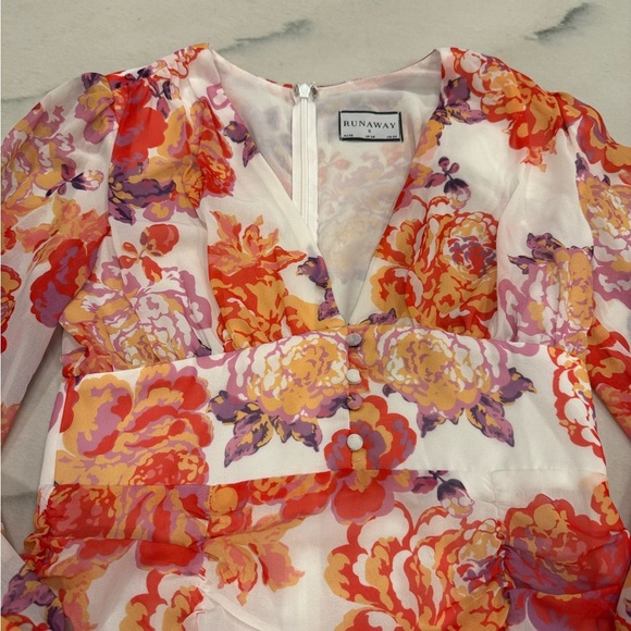 Runaway The Label Acadia Dress Size Small Floral Ruches Mini Dress Sheer Sleeves - Picture 2 of 15